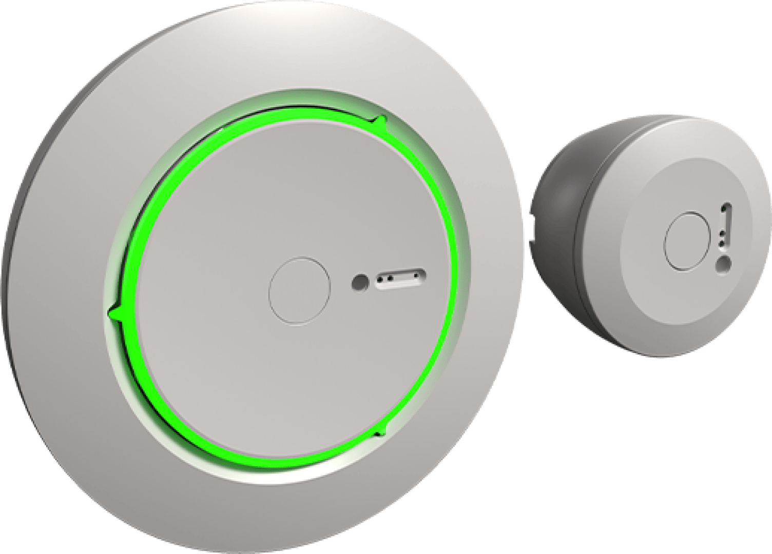 Deux serrures rondes, modernes et intelligentes avec des surfaces métalliques sont représentées. La serrure de gauche a un anneau vert vif autour de son bord, tandis que la serrure de droite est montrée sous un angle qui met en évidence une fente pour la clé et un bouton.