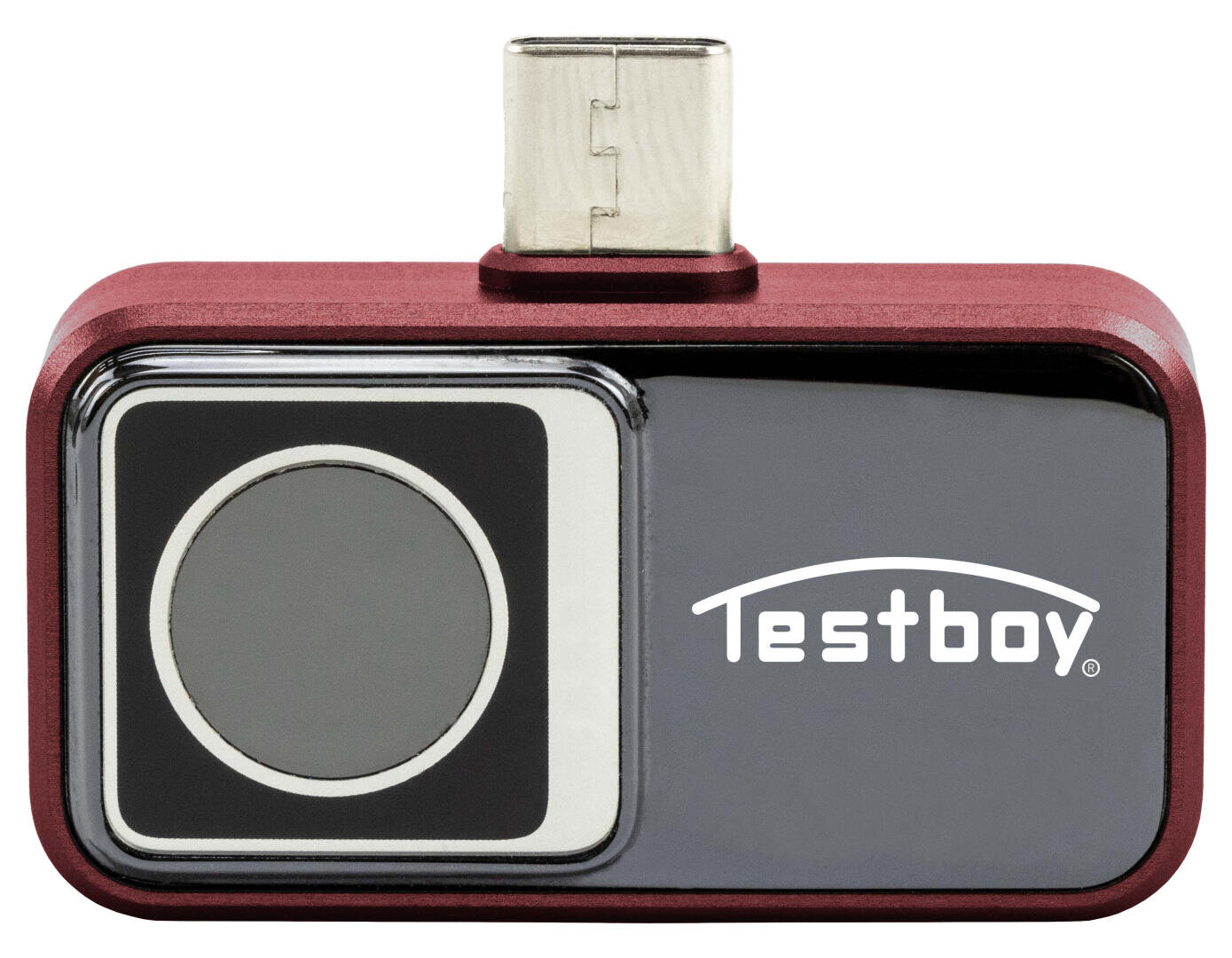 Un appareil rectangulaire compact avec un port USB-C, un grand capteur rond sur le côté gauche et le nom de la marque Testboy sur le côté droit brillant. Le boîtier est rouge et noir.