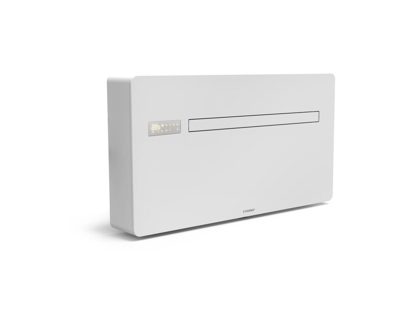 Un climatiseur mural moderne, rectangulaire, blanc, avec un écran numérique affichant la température et les réglages sur le côté gauche. Le design est minimaliste et fin, avec une ouverture d'aération horizontale sur la face avant.