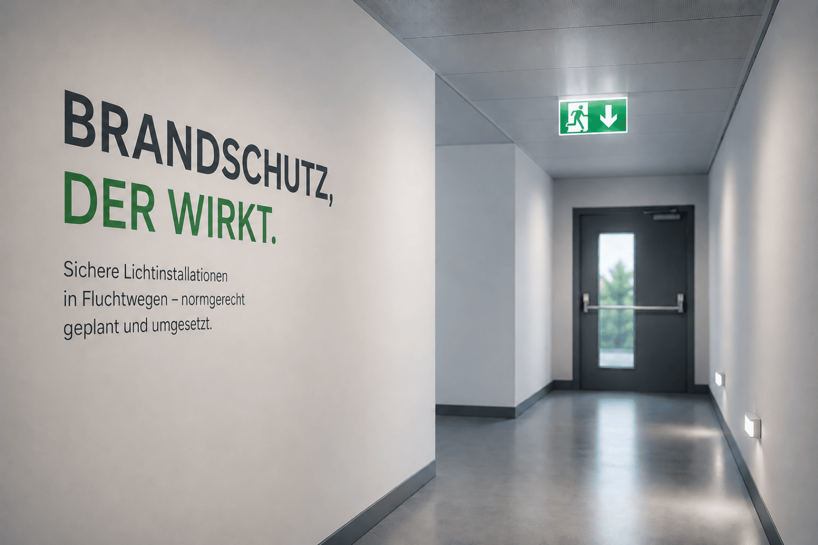Un couloir propre, avec un panneau de sécurité incendie en allemand accroché au mur, des lumières de sortie de secours au-dessus d'une porte, et de la lumière naturelle qui pénètre par la fenêtre située au-dessus de la porte au bout du couloir.