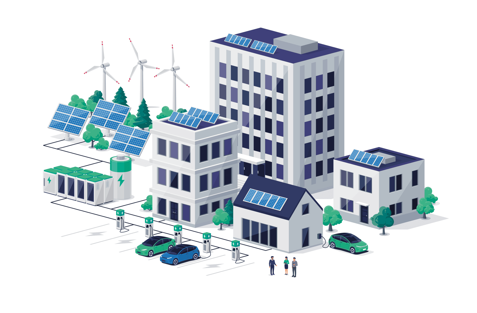 Illustration eines modernen, umweltfreundlichen Stadtgebiets mit Gebäuden mit Sonnenkollektoren, Windturbinen, Ladestationen für Elektroautos und Menschen, die neben geparkten Elektrofahrzeugen stehen.