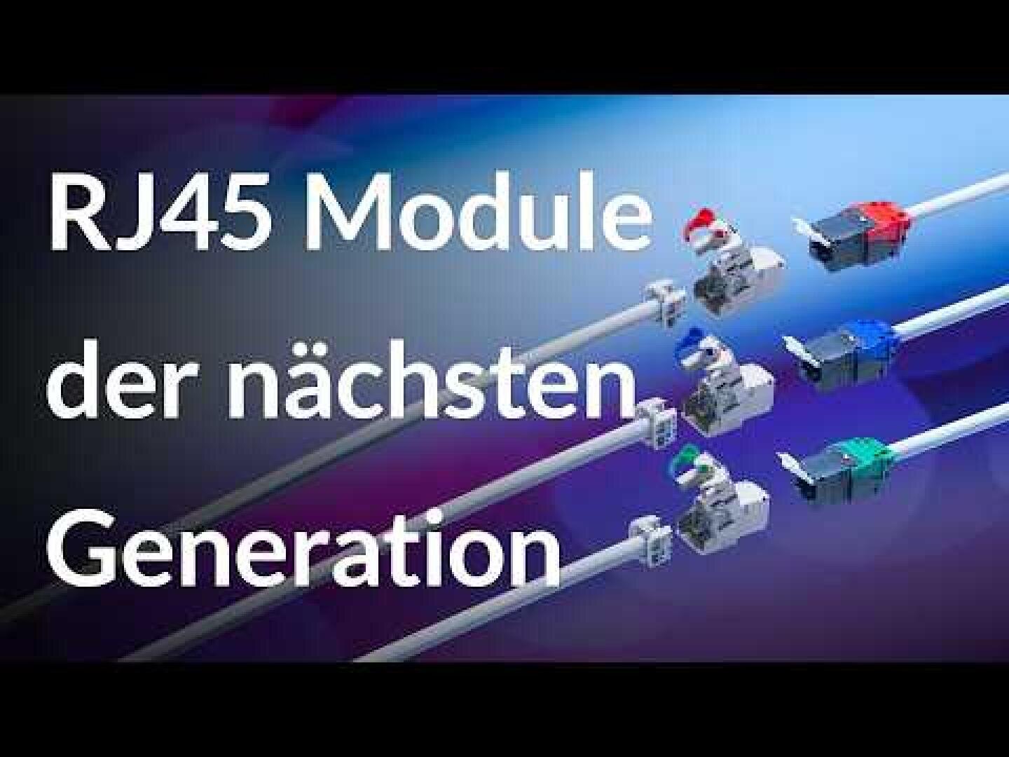 Plusieurs connecteurs de câbles réseau RJ45 de différentes couleurs sont représentés sur un fond bleu, avec le texte allemand "RJ45 Module der nächsten Generation" (modules RJ45 de la prochaine génération).