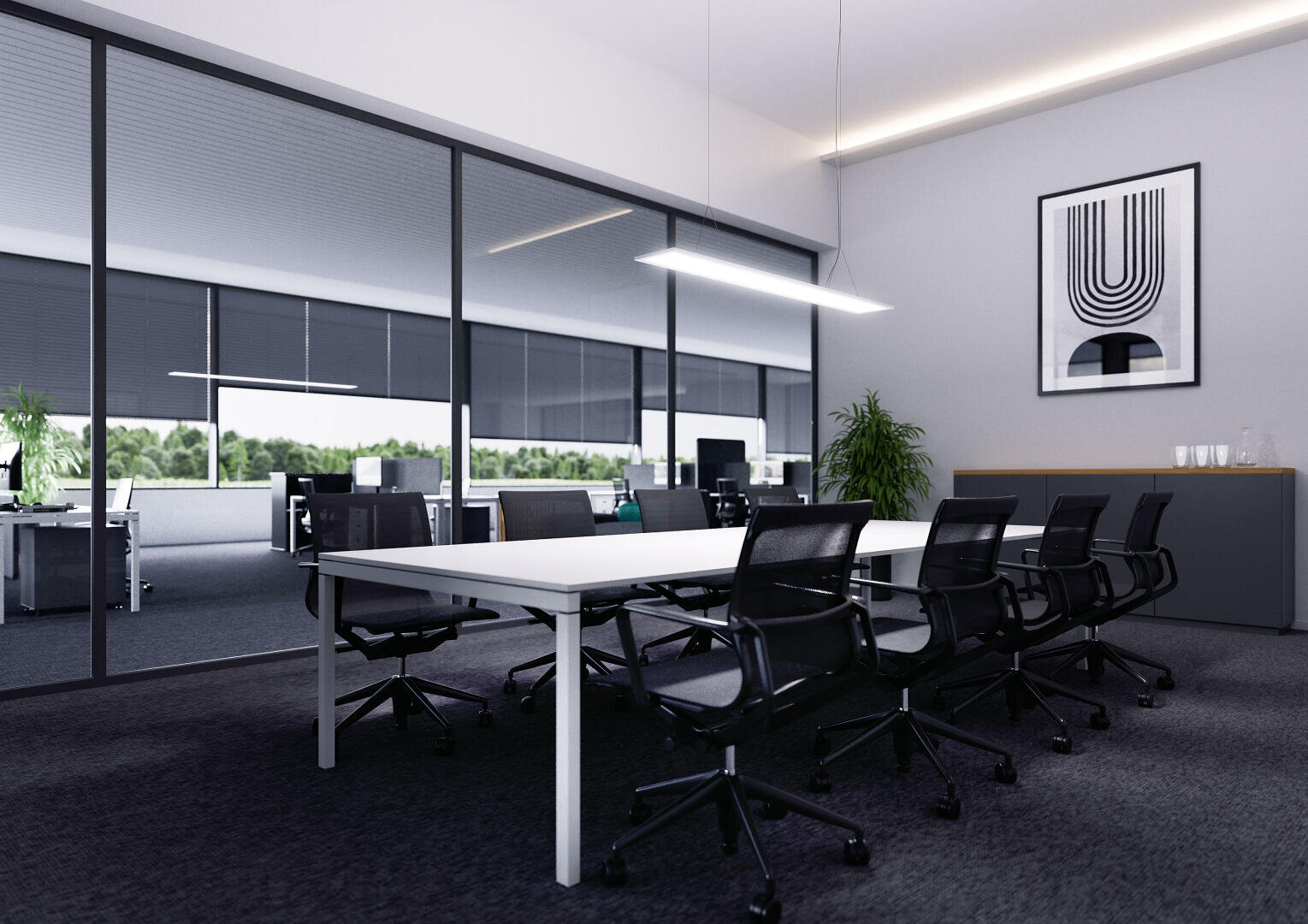 Salle de réunion de bureau moderne avec une longue table blanche, des chaises noires, un mur en verre et un décor minimaliste. On peut y voir une plante, de l'art abstrait encadré et une armoire avec des tasses et une cruche d'eau. L'espace de travail ouvert est visible à travers la paroi vitrée.