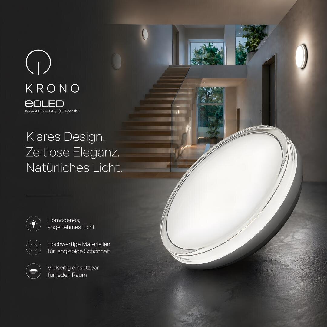 Im Vordergrund ist eine moderne, runde LED-Wandleuchte zu sehen. Im Hintergrund ist ein stilvolles Wohnambiente mit Treppenhaus, großen Fenstern und mehreren Wandleuchten zu sehen. Der Text hebt das Design und die Funktionen des Produkts hervor.