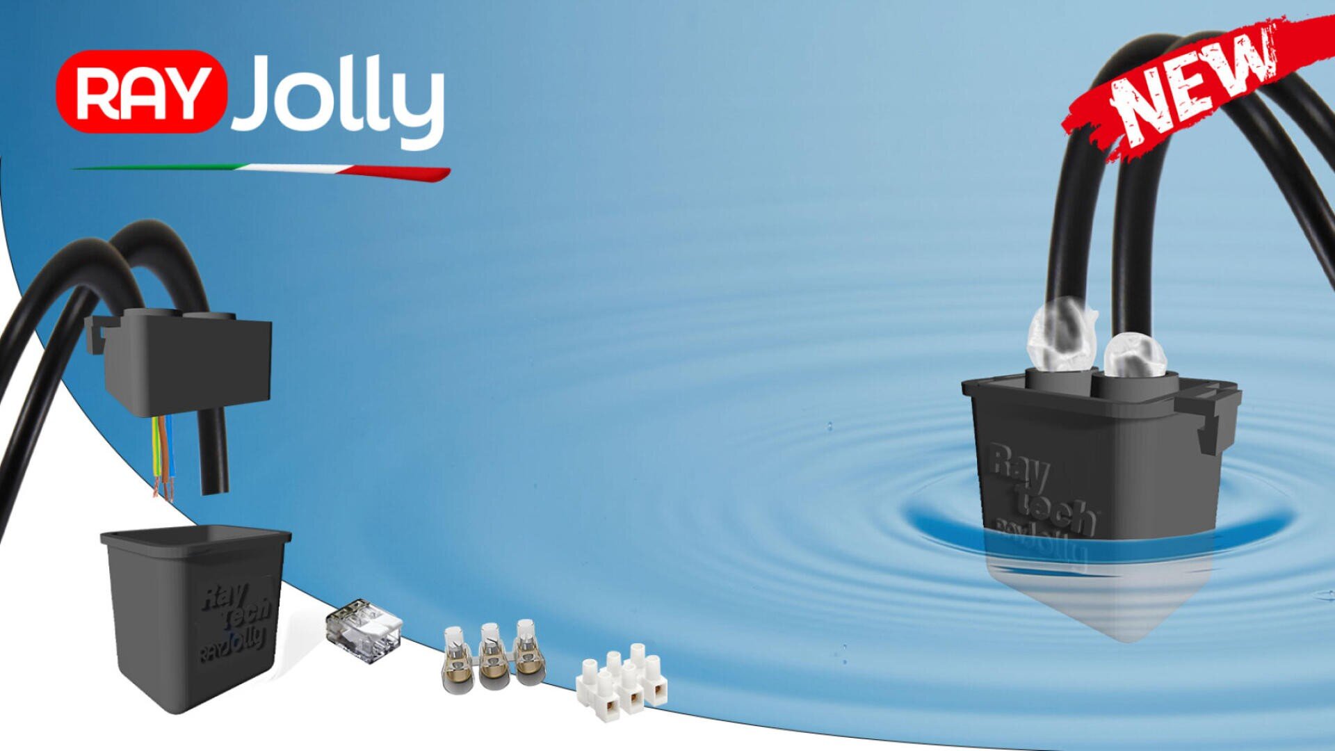 Des connecteurs électriques noirs avec des fils et des borniers apparaissent sur un fond bleu d'ondulation de l'eau. RAY Jolly est écrit en haut à gauche, et NEW est mis en évidence en rouge en haut à droite.
