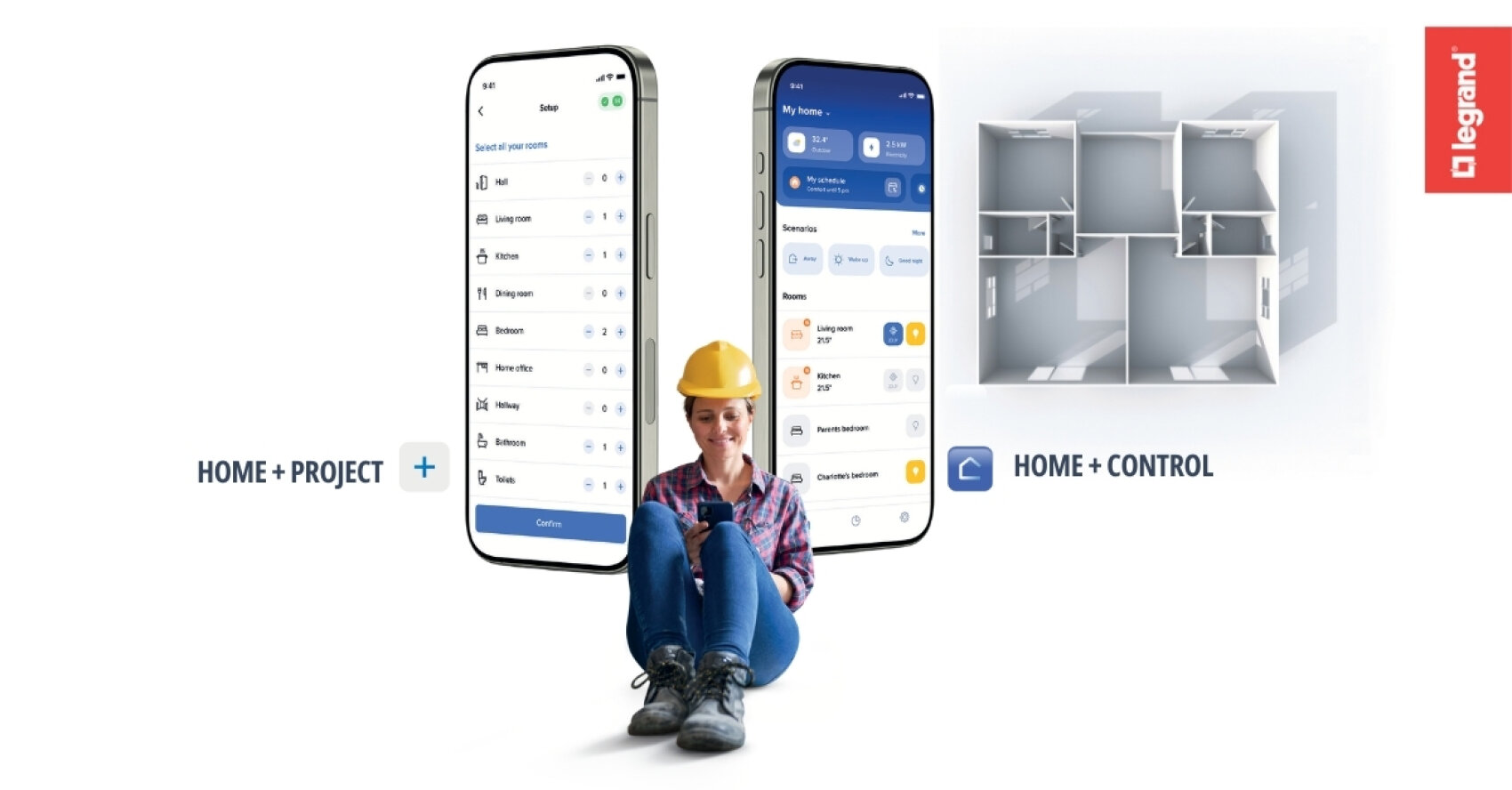 Une femme portant un casque de protection jaune est assise entre deux grands écrans de smartphone sur lesquels sont affichées des applications smart home, avec un plan numérique de la maison et le logo Legrand sur le côté droit. Le texte dit HOME + PROJECT et HOME + CONTROL.